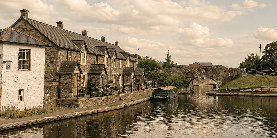 Canal-side stone cottages and a moored narrowboat at Brecon basin