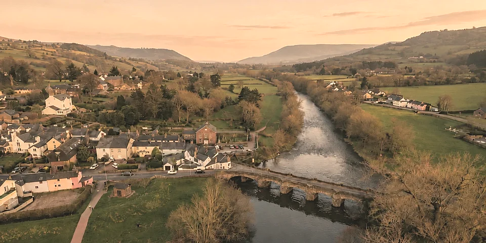 Crickhowell and its bridge over the river Usk, seen from above