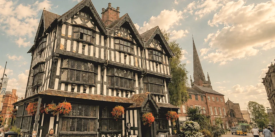 The black-and-white Old House in Hereford with the cathedral spire behind
