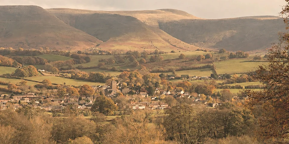 Talgarth in the valley below the Black Mountains escarpment
