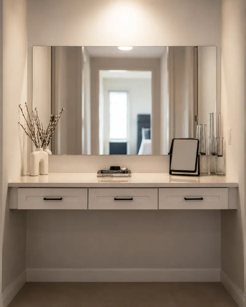 A bespoke floating dressing table with drawer storage and a wall-hung mirror