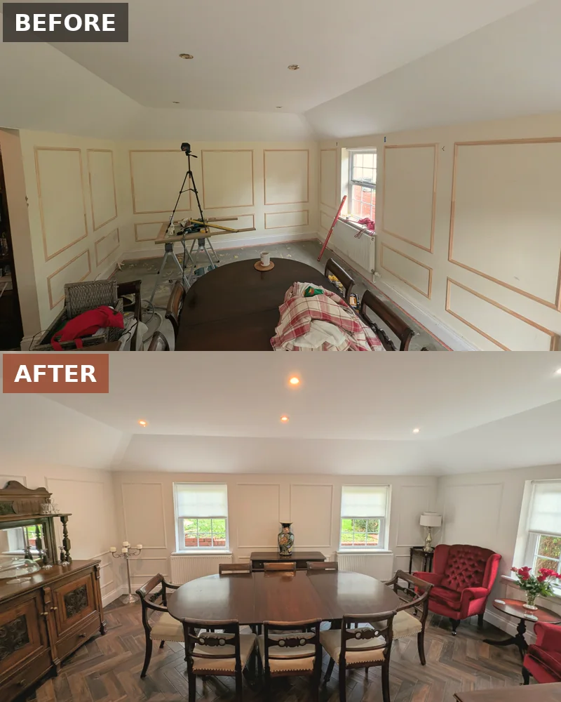 The same dining room before and after: wall panelling taped out, then finished and painted