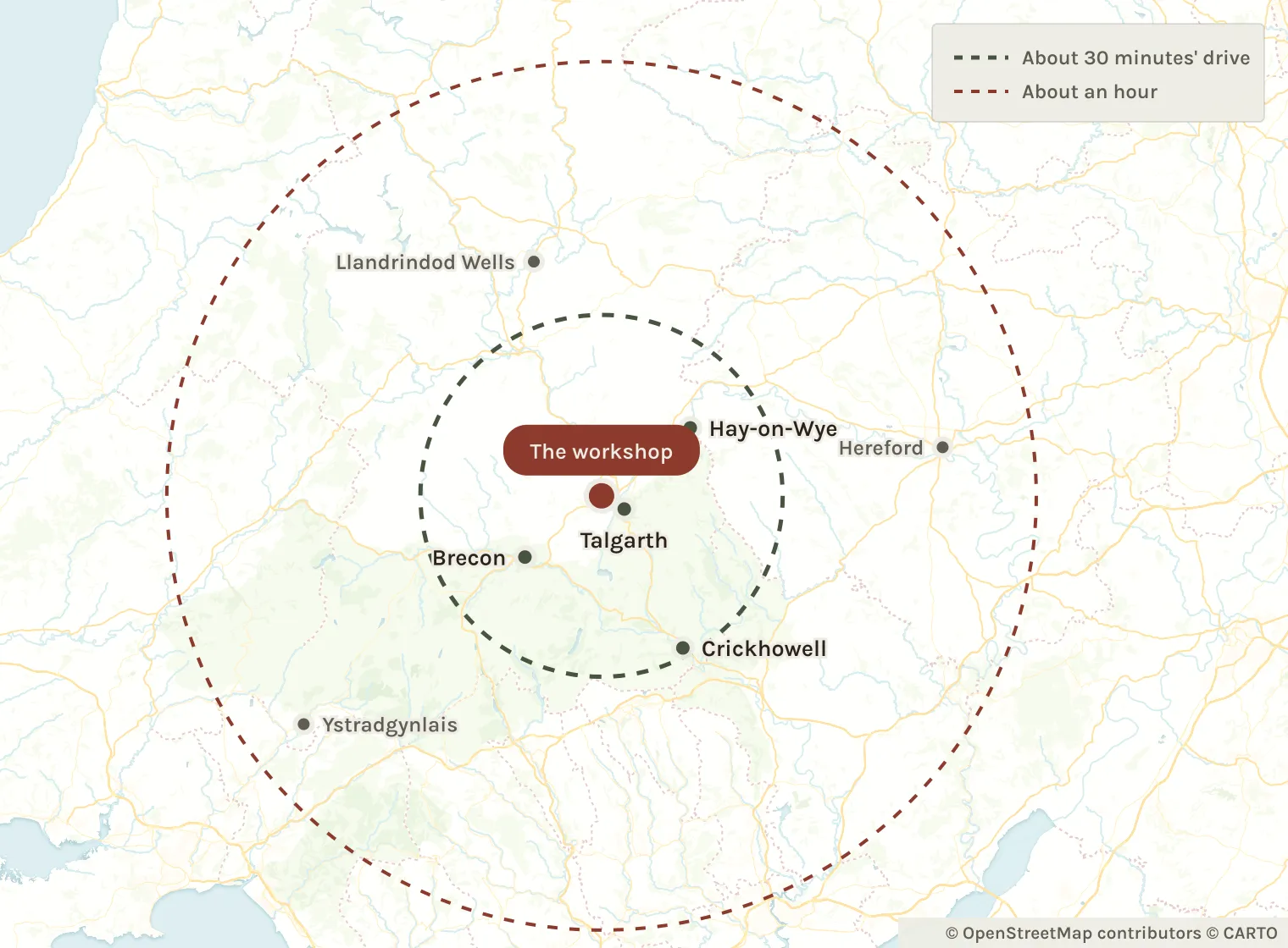 Map of the area covered: Talgarth workshop with reach rings to Hay-on-Wye, Brecon, Crickhowell and Hereford