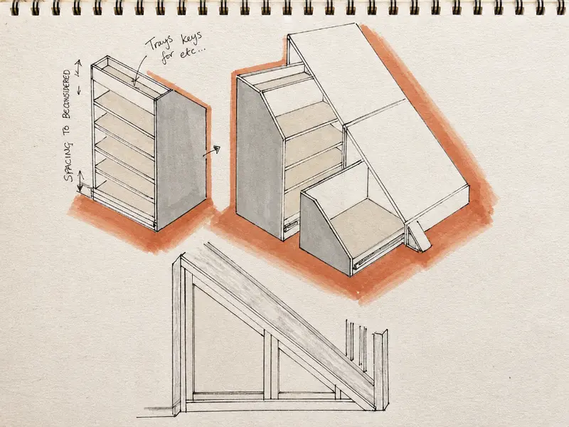 Will's sketchbook drawing of an under-stairs storage design, marked out in pencil and terracotta