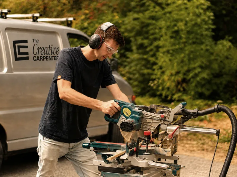 Will cutting timber on a mitre saw beside the branded Creative Carpenter van